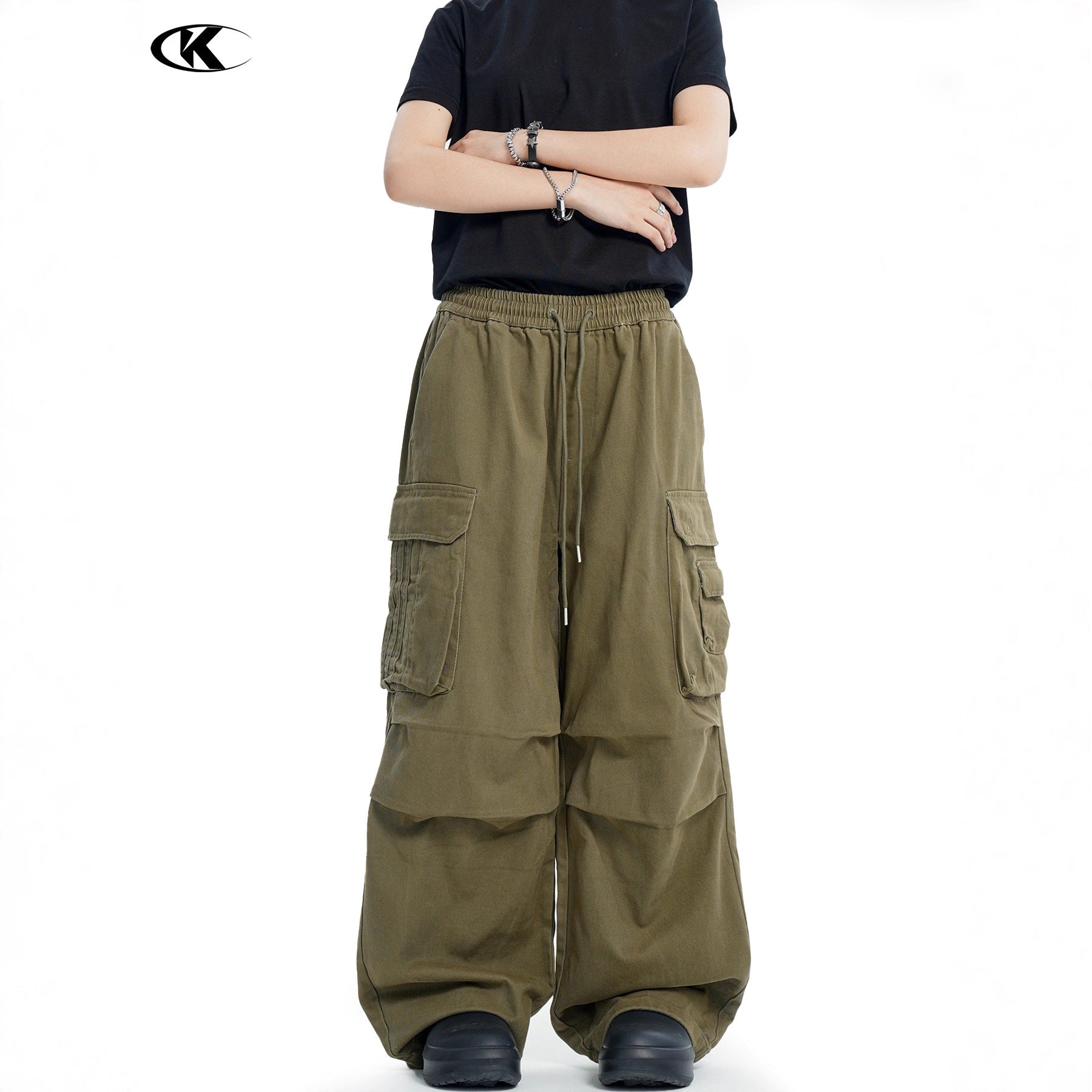 11KN Retro Drape Multi-pocket Drawstring Wide-leg Pants