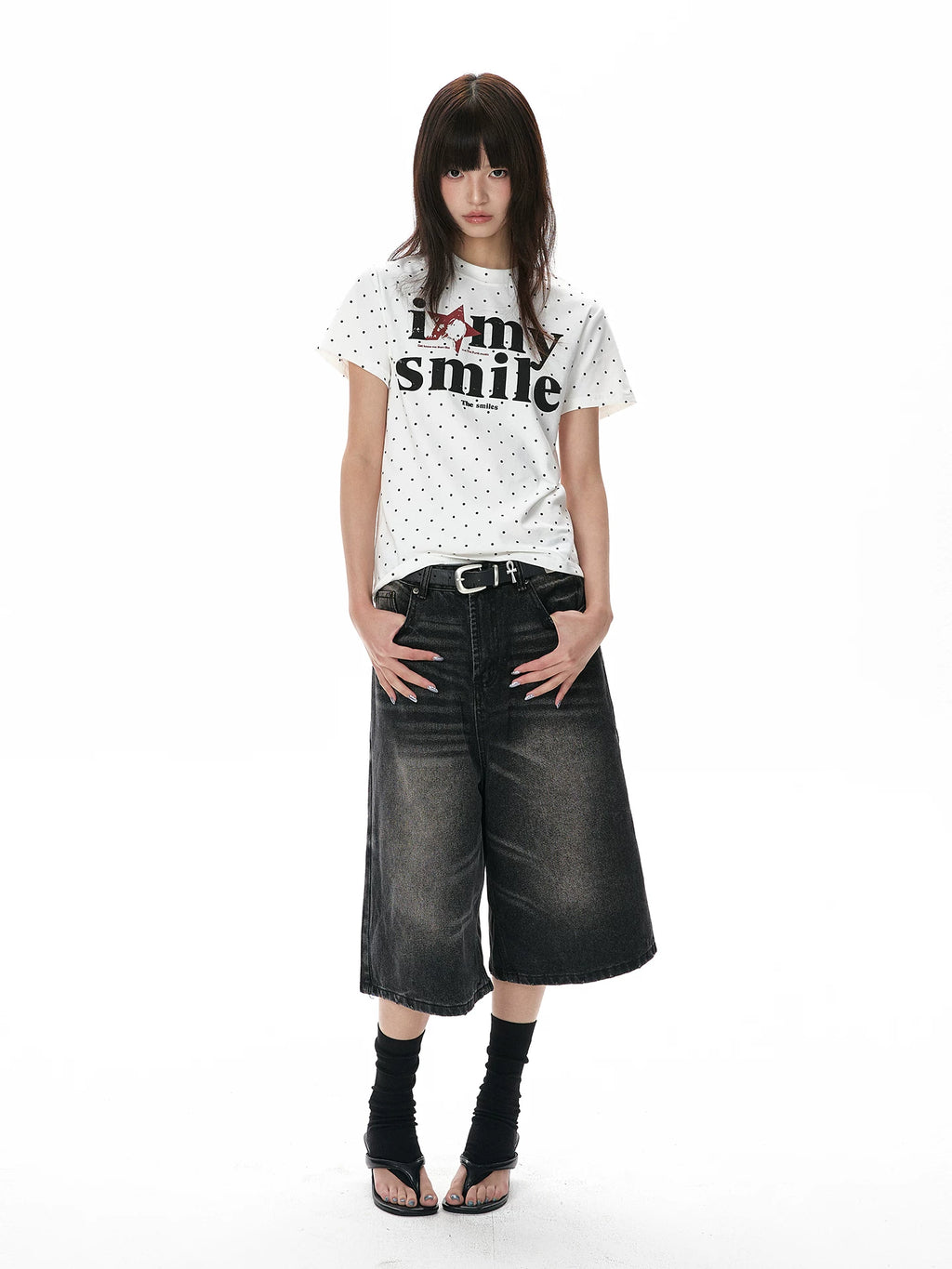 A PUEE Retro Polka Dot Round Neck Front Shoulder Slim Tee