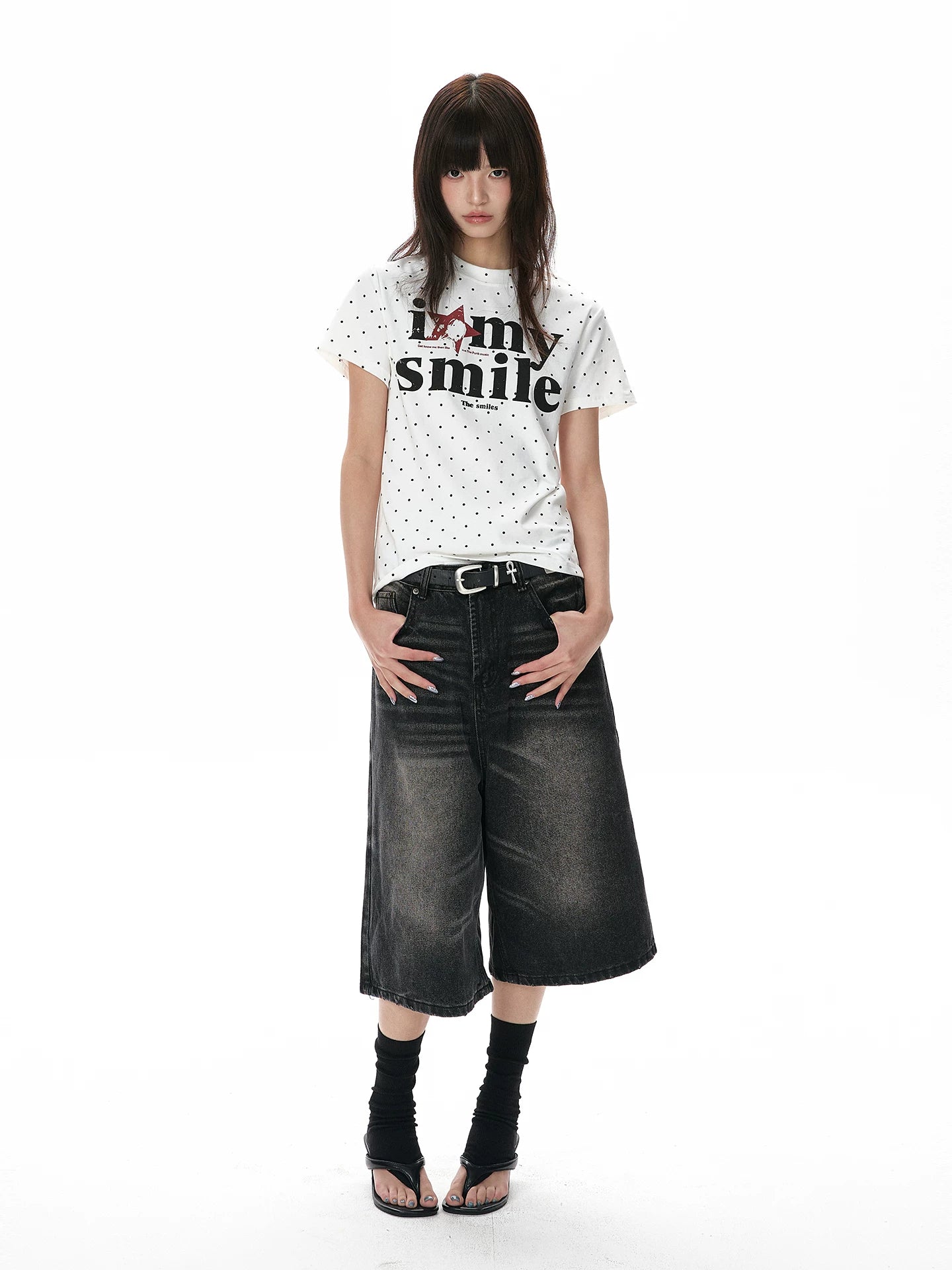 A PUEE Retro Polka Dot Round Neck Front Shoulder Slim Tee