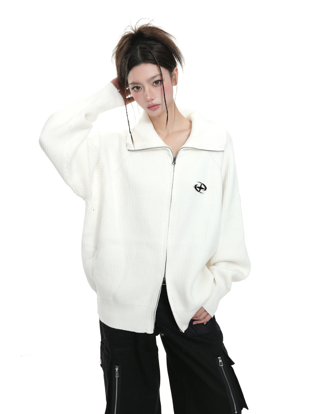 KDASE Double Zipper Stand-up Neck Sweater Jacket