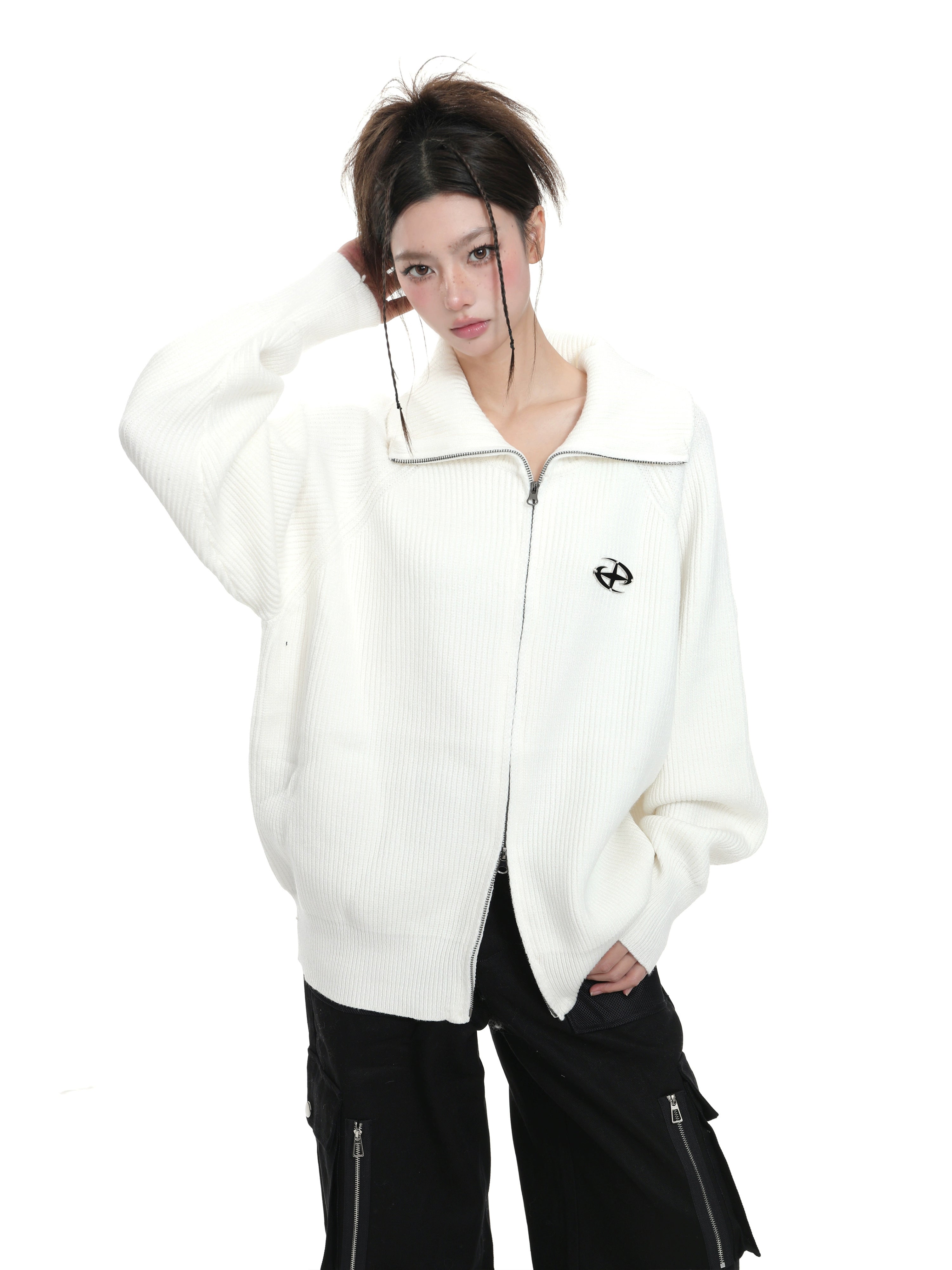 KDASE Double Zipper Stand-up Neck Sweater Jacket