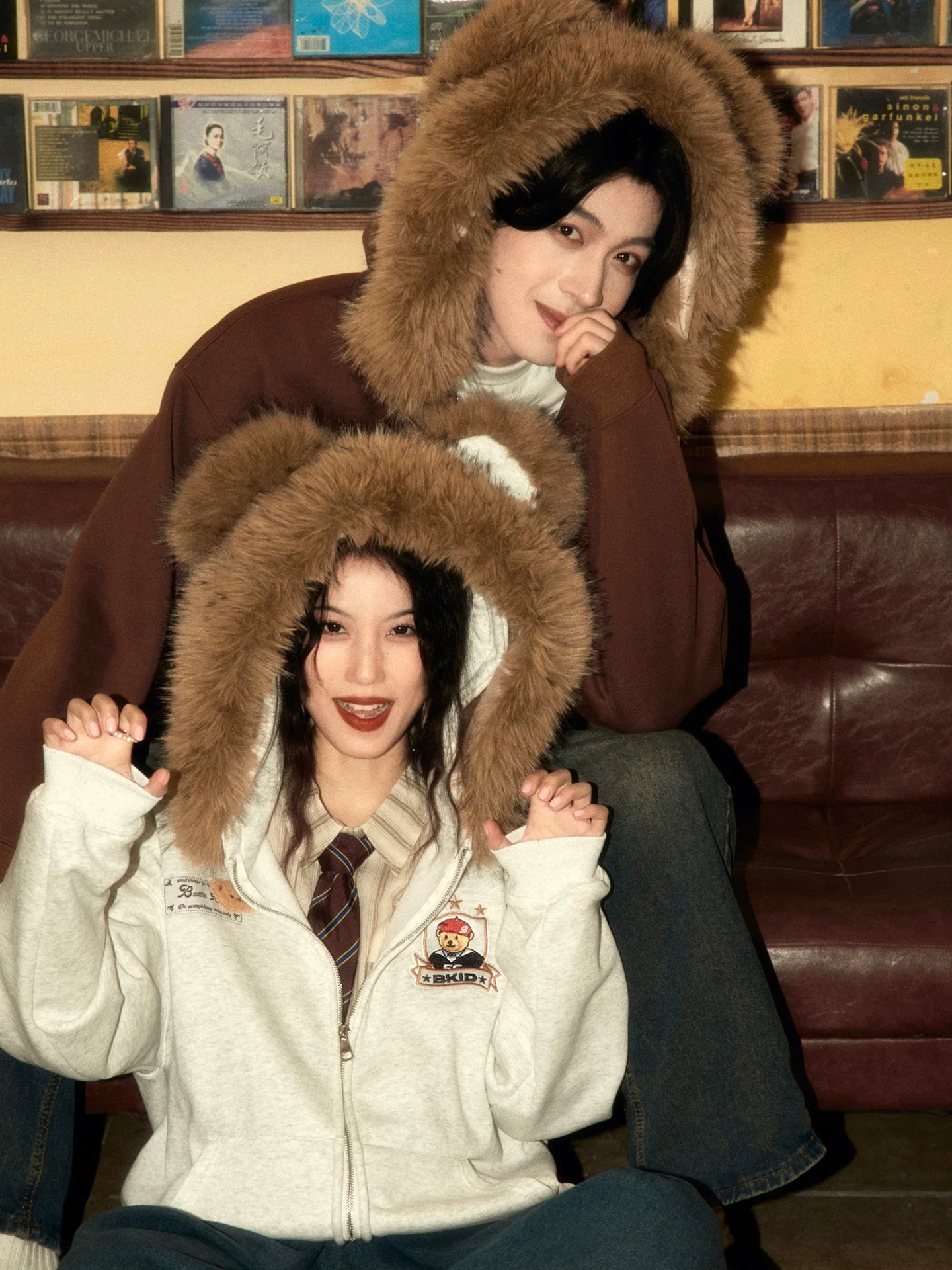 ALOHA Removable Fur Collar Bear-eared Hooded Fleece Sweater