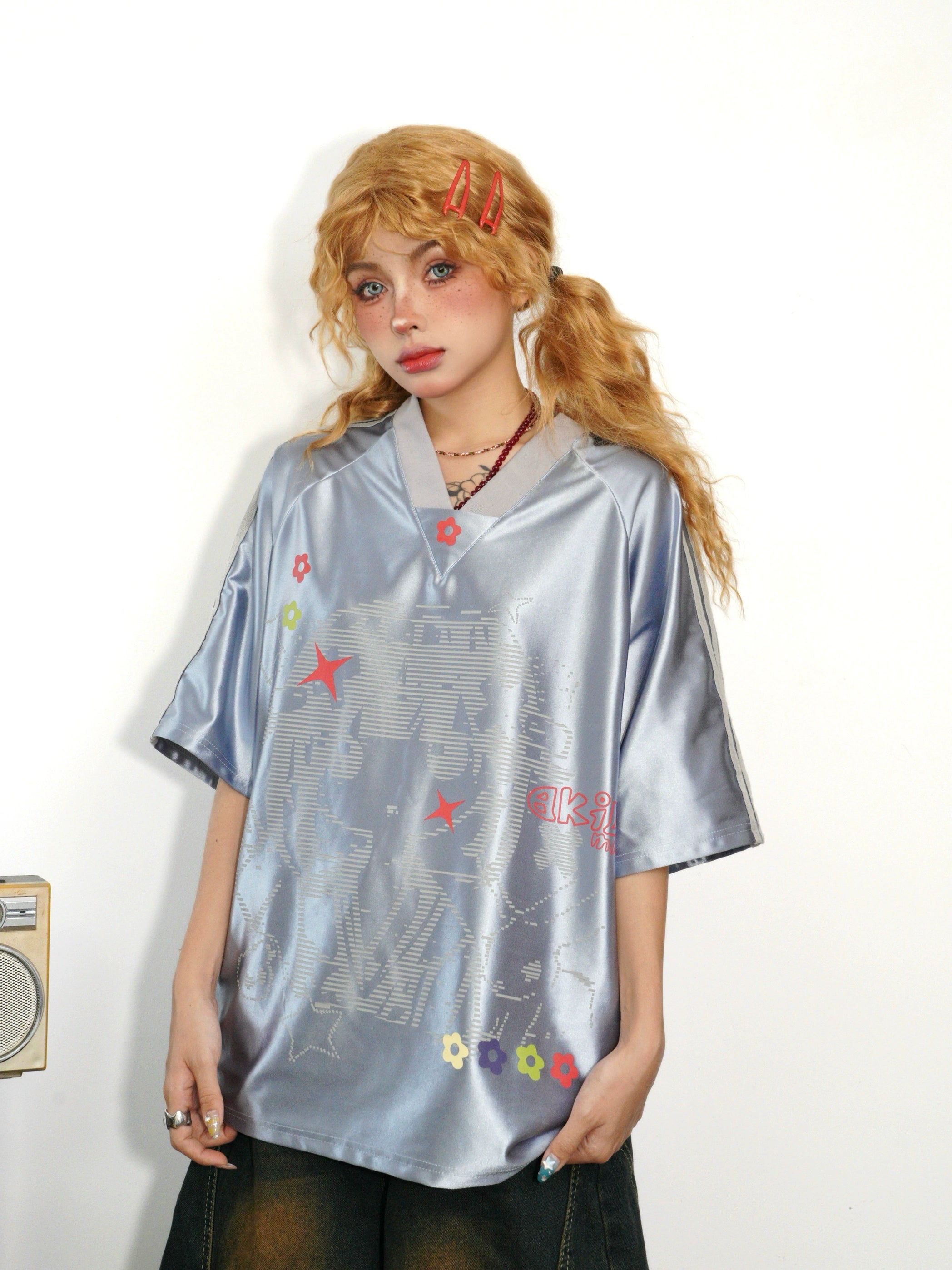 BANGU Retro Three-bar Cartoon Loose Jersey Tee