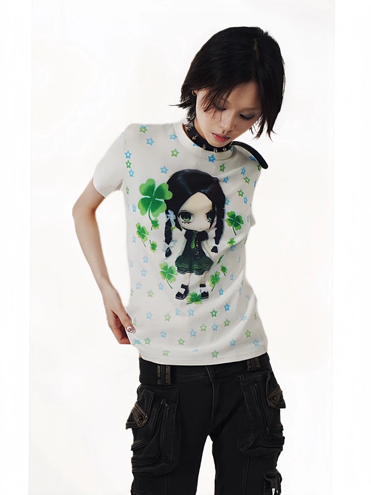 WEBBAR Clover Doll Pure Cotton Front Shoulder Tee