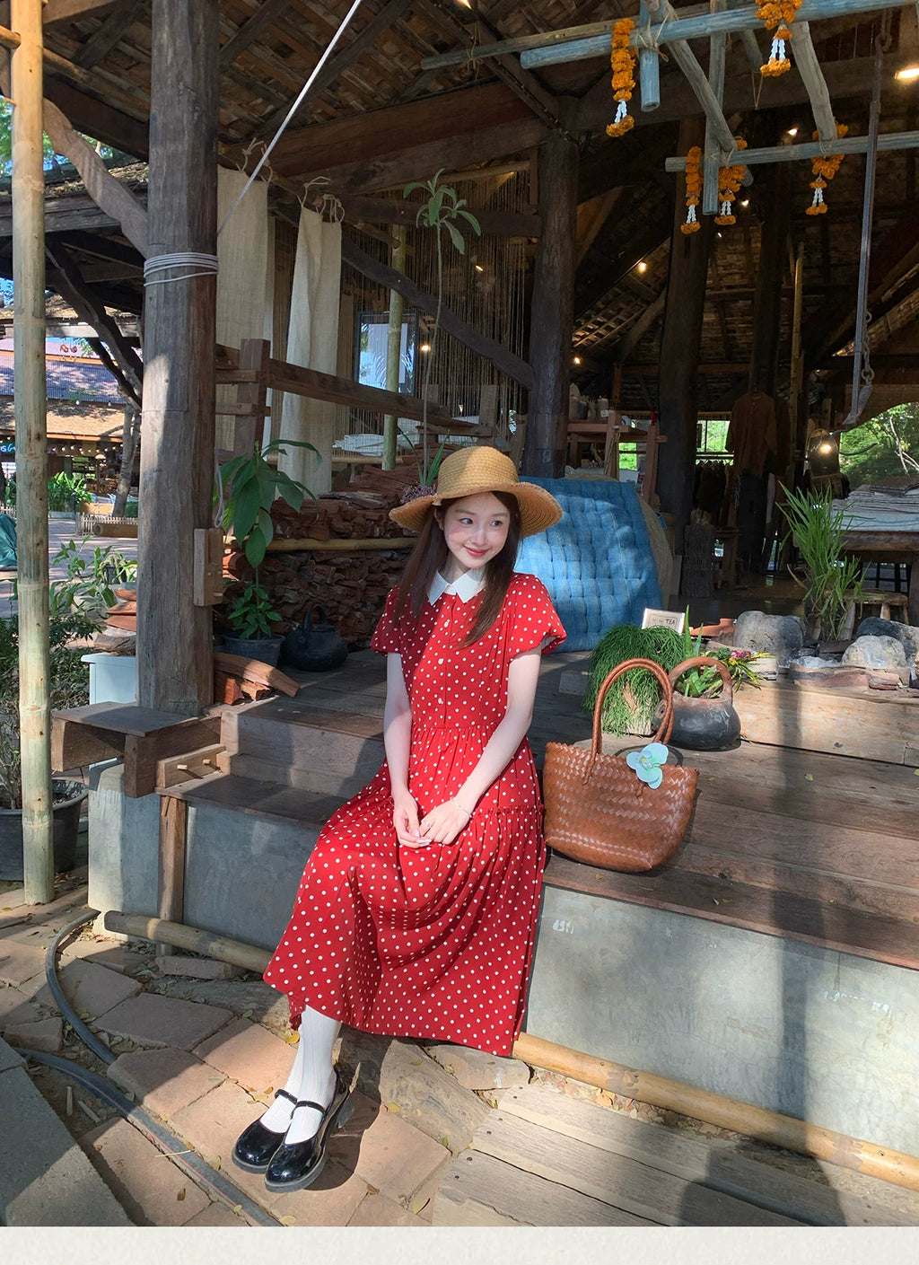 MUCHA Lapel Waist Thin Polka Dot Dress