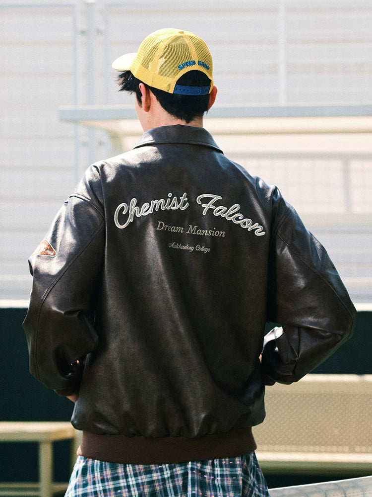 MATCHA STORY Badge Embroidered Lapel Leather Jacket