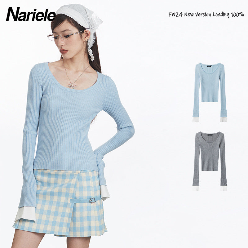 Nariele Striped Knitted Bottom Shirt Slim-Fit Long Sleeves