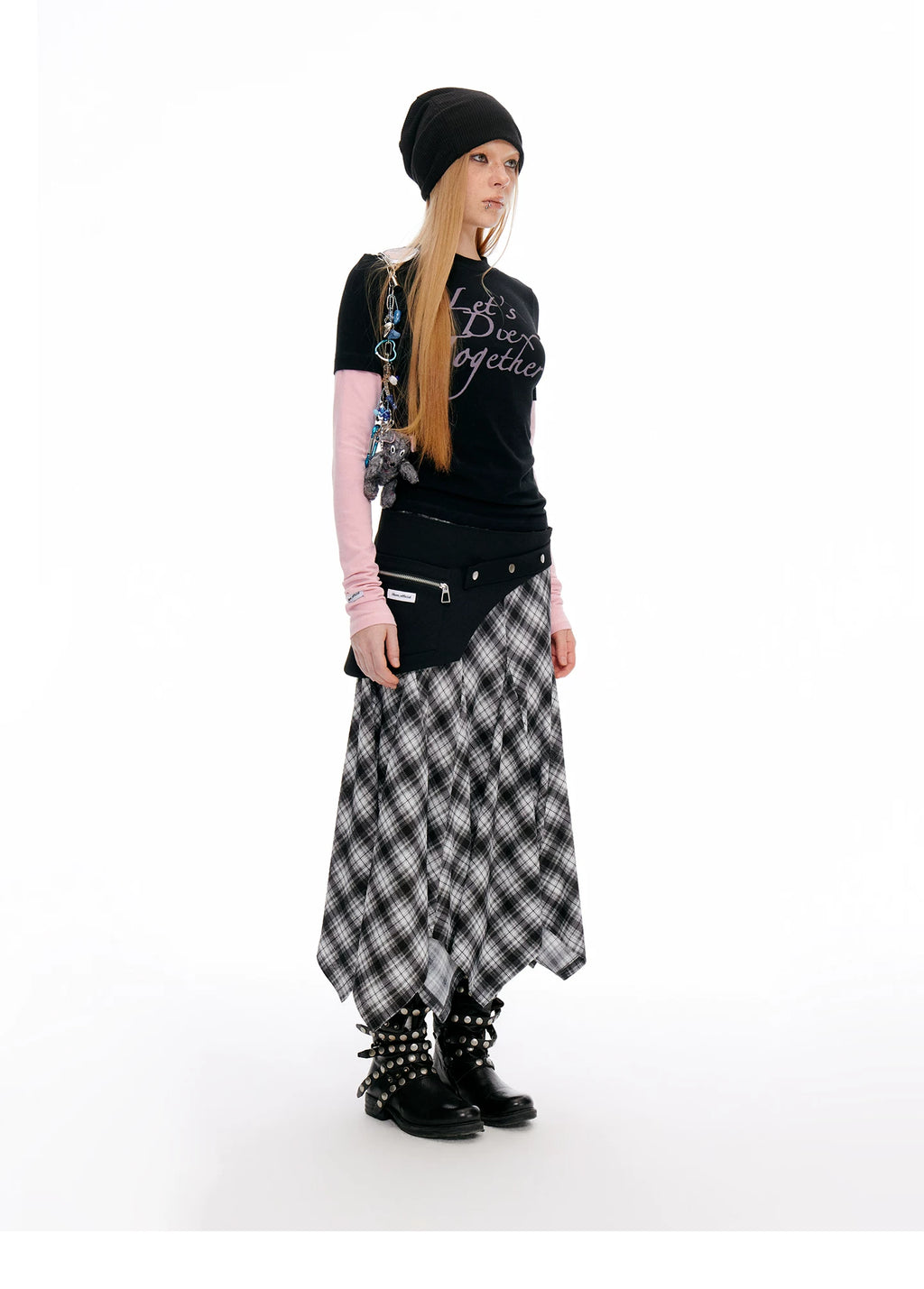 JIKOO Plaid Skirt Versatile Irregular Hem Skirt