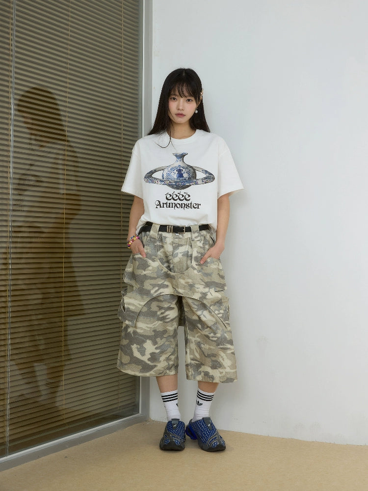 EeeeArtMonster Spoof Loose Vintage Blue and White Porcelain Printed Tee