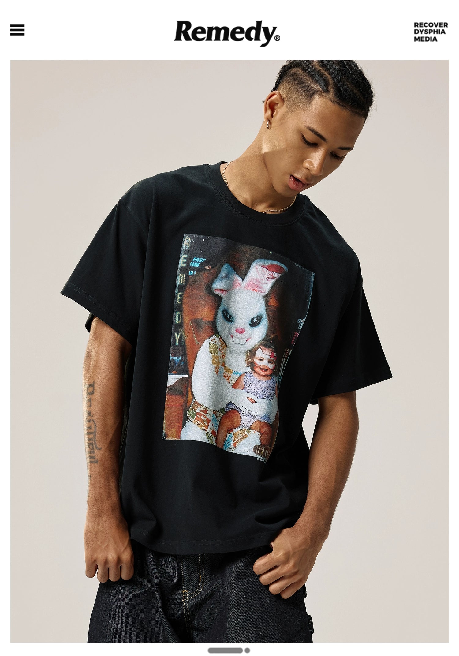 Remedy Tide Brand Rabbit Print Crew Neck Loose Short Tee