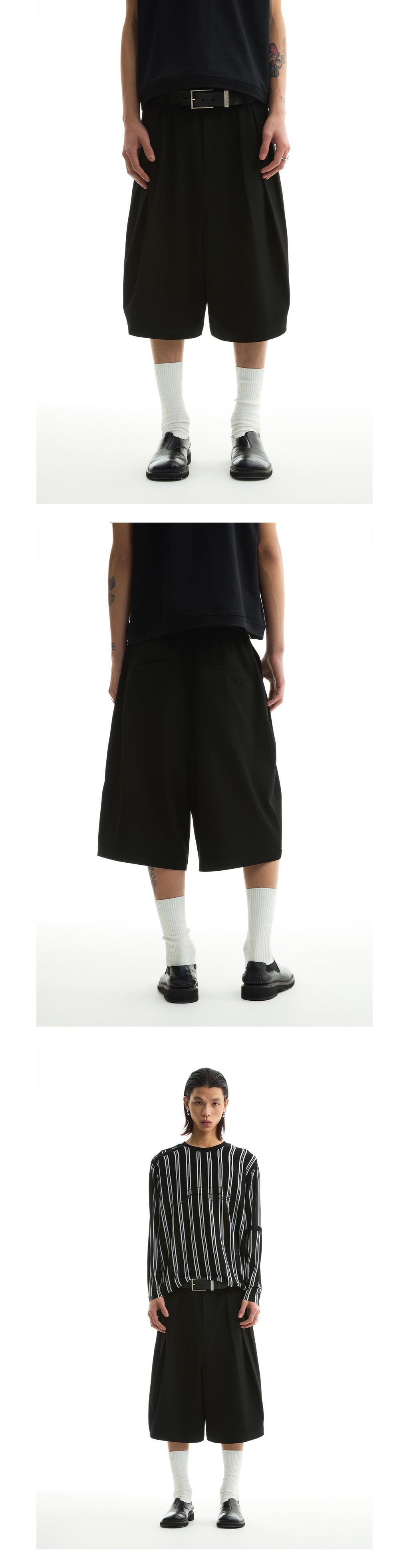 FUNKYFUN 2025SS Double-piece pleated design waistless wide five-point low-crotch trousers shorts