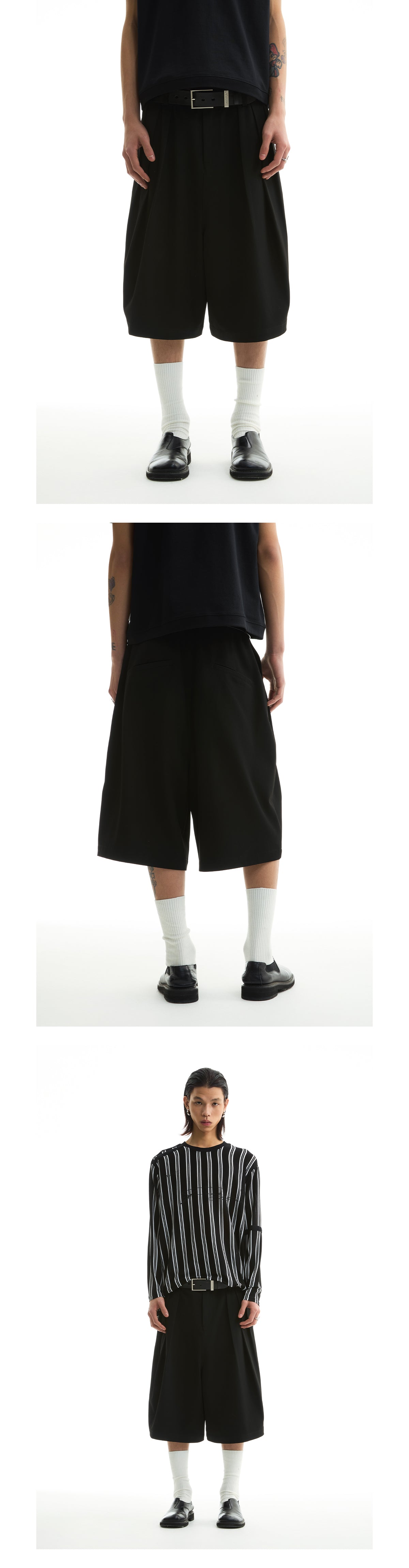 FUNKYFUN 2025SS Double-piece pleated design waistless wide five-point low-crotch trousers shorts