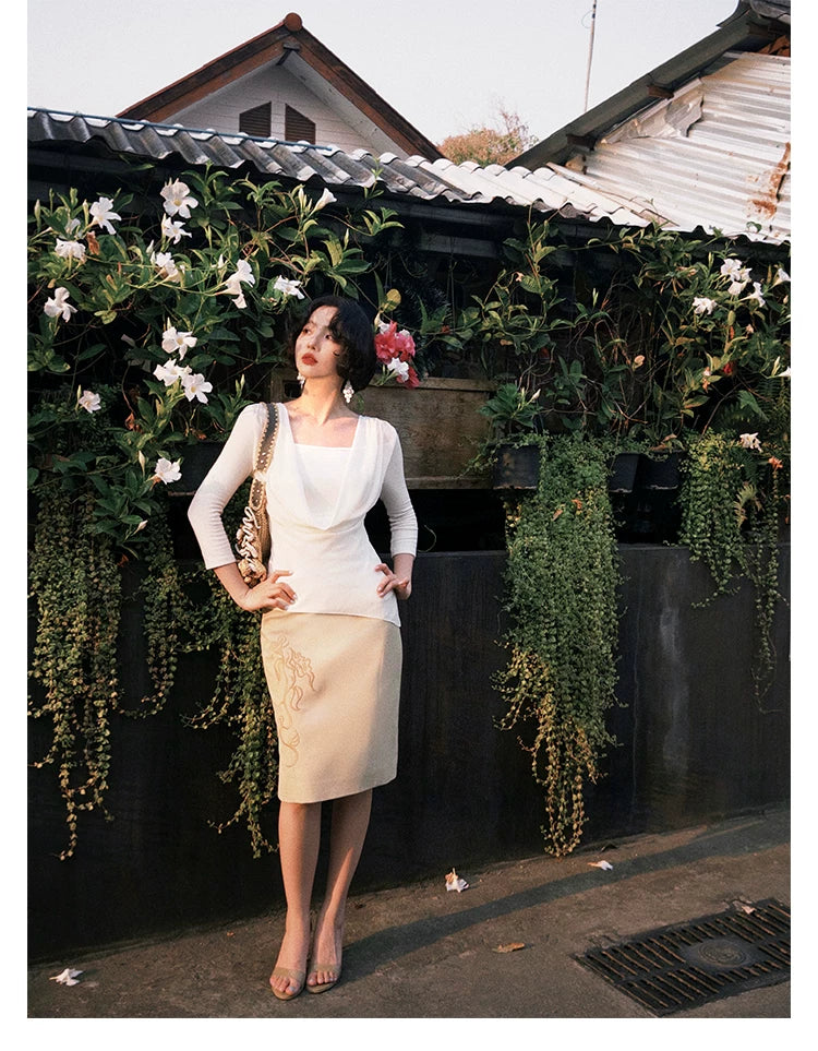 KELIFAN Retro Swinging Neck Mesh Stitching Long Sleeves