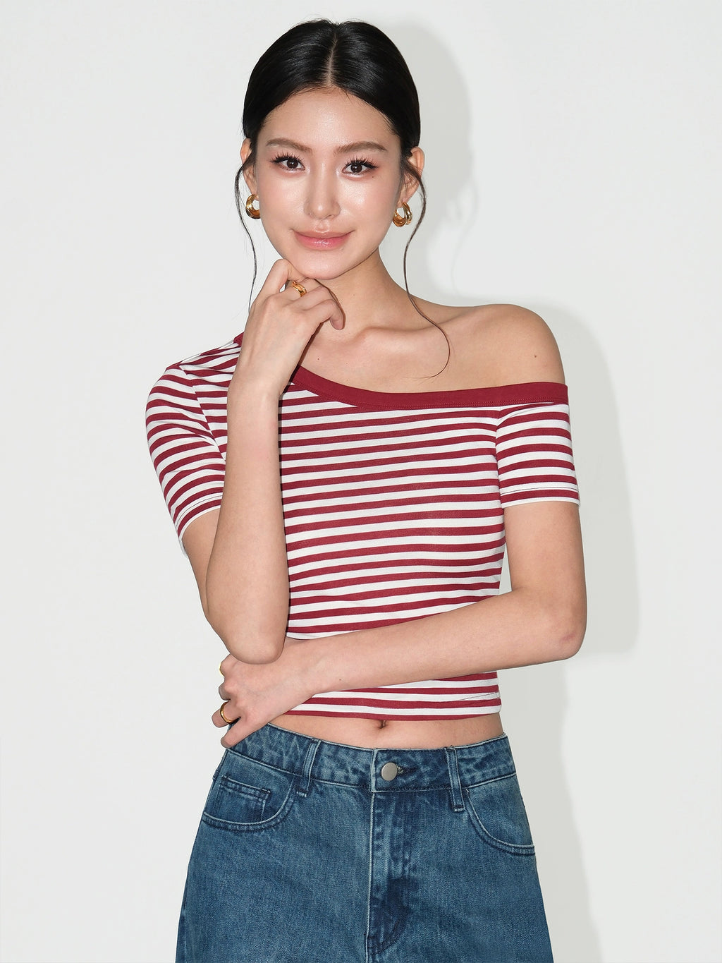 NEVA HU Temperament Slant Neck Off-Shoulder Striped Tee