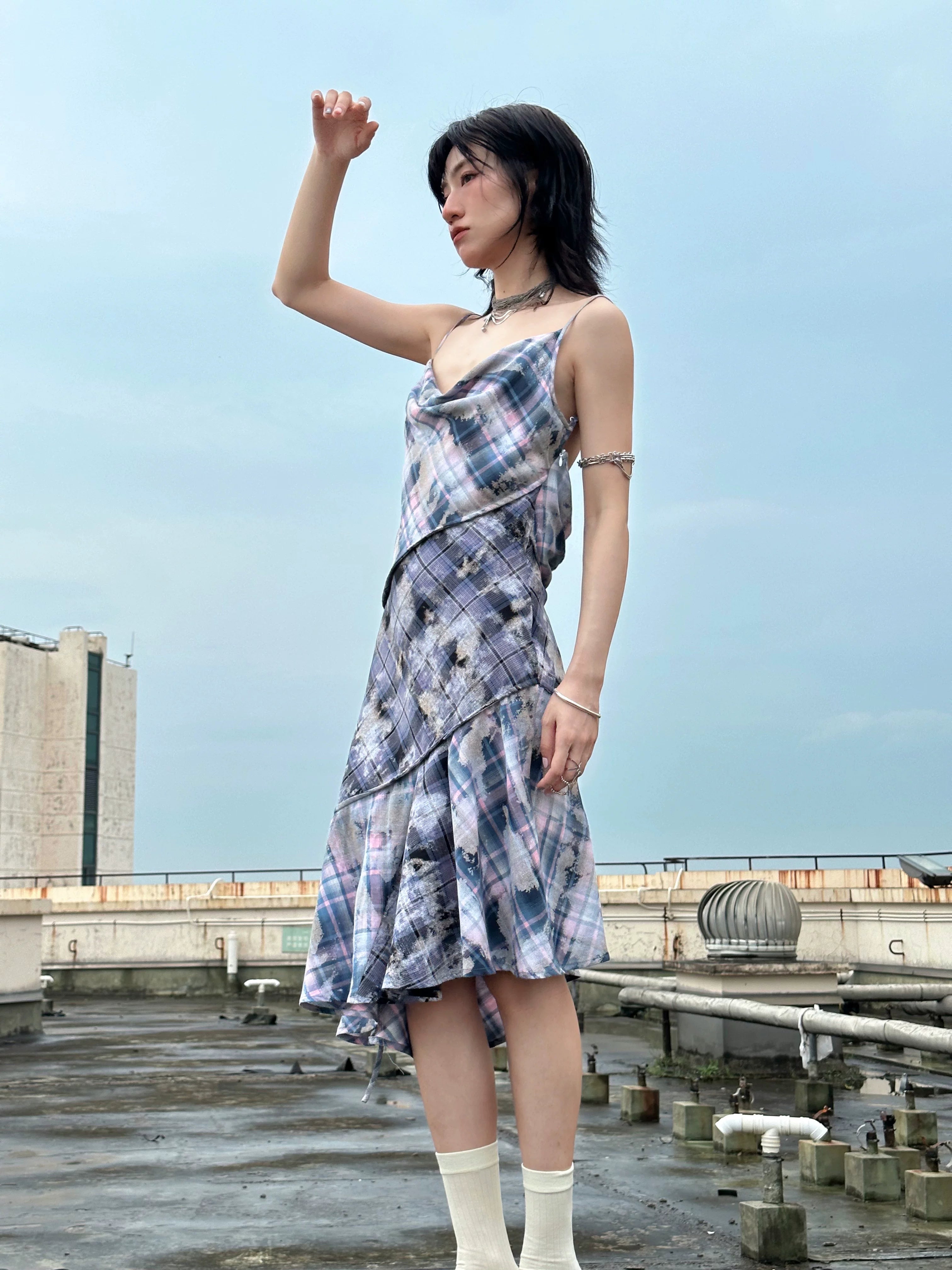 Enteralt Plaid Stitching Drawstring Lace-up Dress