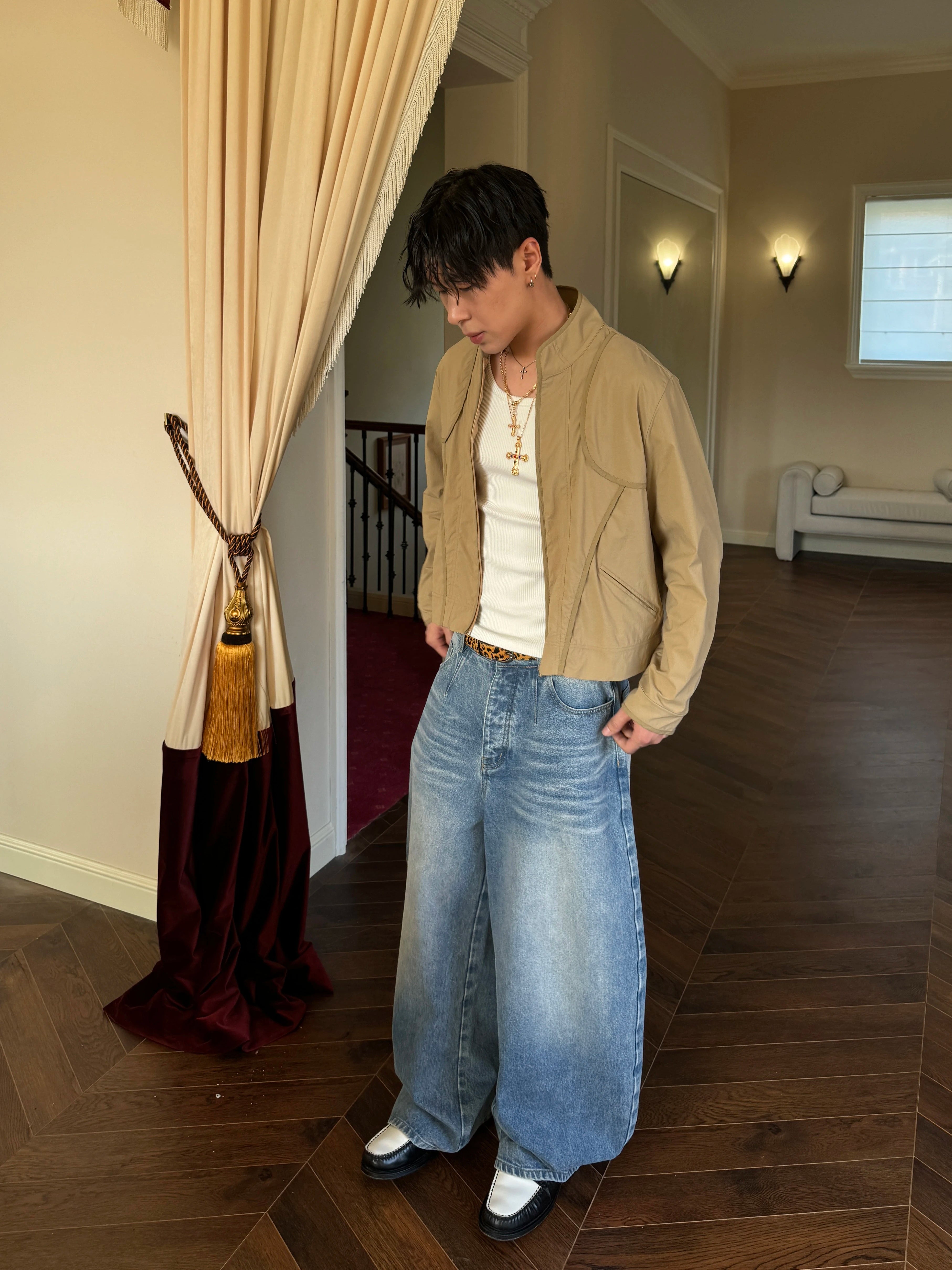 InsGale Blue Scimitar Silhouette Three-dimensional Washed Jeans