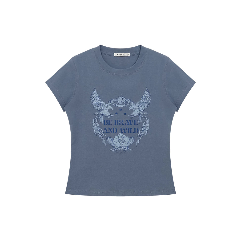 FUNKYFUN Retro Eagle Print High Elastic Front Shoulder Tee