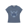FUNKYFUN Retro Eagle Print High Elastic Front Shoulder Tee