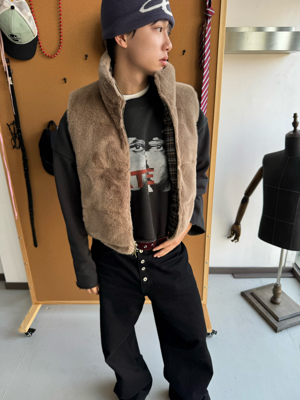 CENSMADE Embroidered Mink Imitation Rabbit Hair Plaid Double-sided Vest