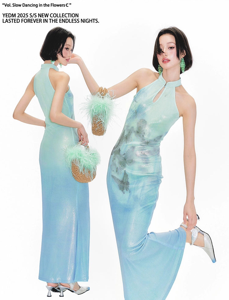 YEDM Butterfly Print Neck Fishtail Dress