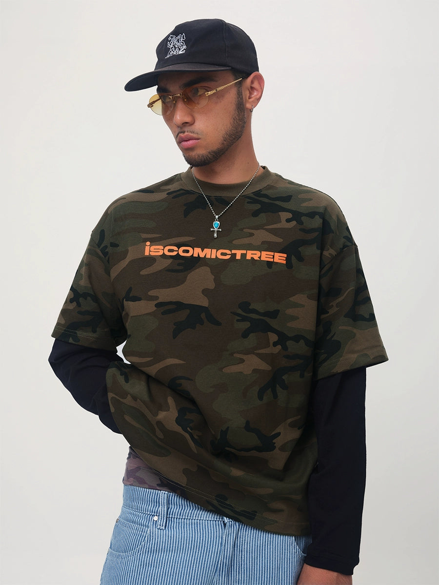 ComicTree Camouflage Stitching Fake Two-piece Letter Long Sleeve
