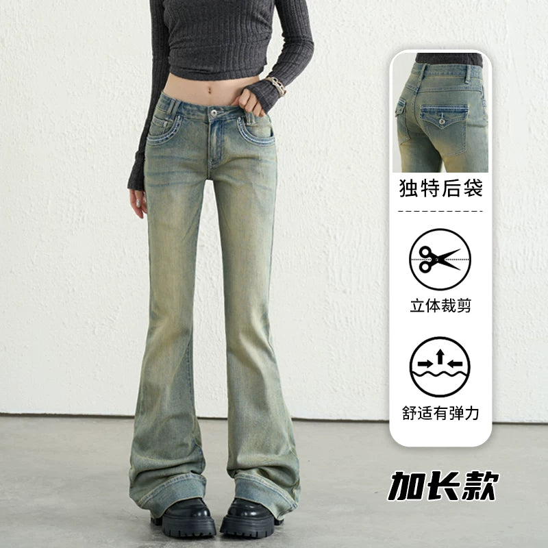 TGXQ Fleece Retro Elastic Ultra-low Waist Micro-pull Jeans