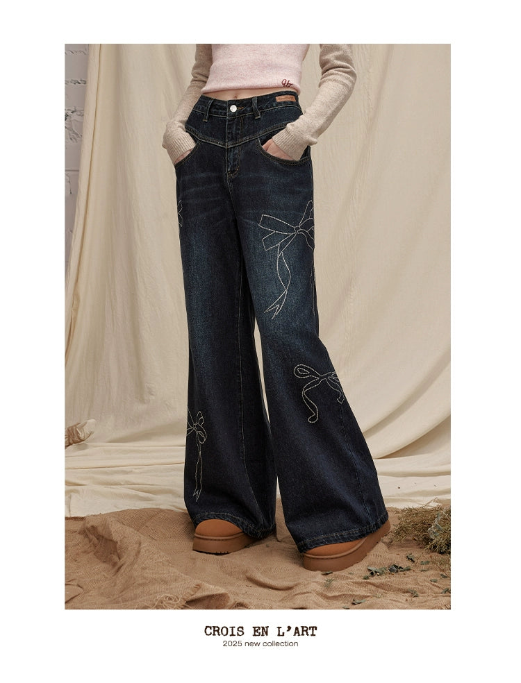 UNIFREE Cat Whisker Loose and Old Straight Jeans with Drill Splicing