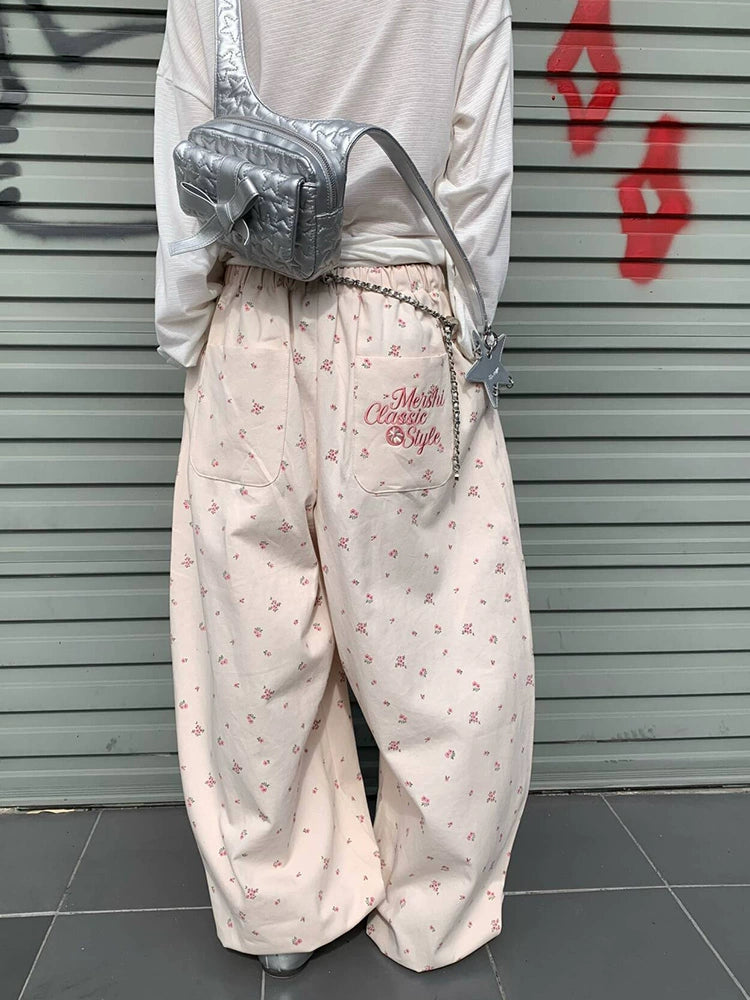 EAHO Lazy Style Floral Full Print Wide-leg Pants