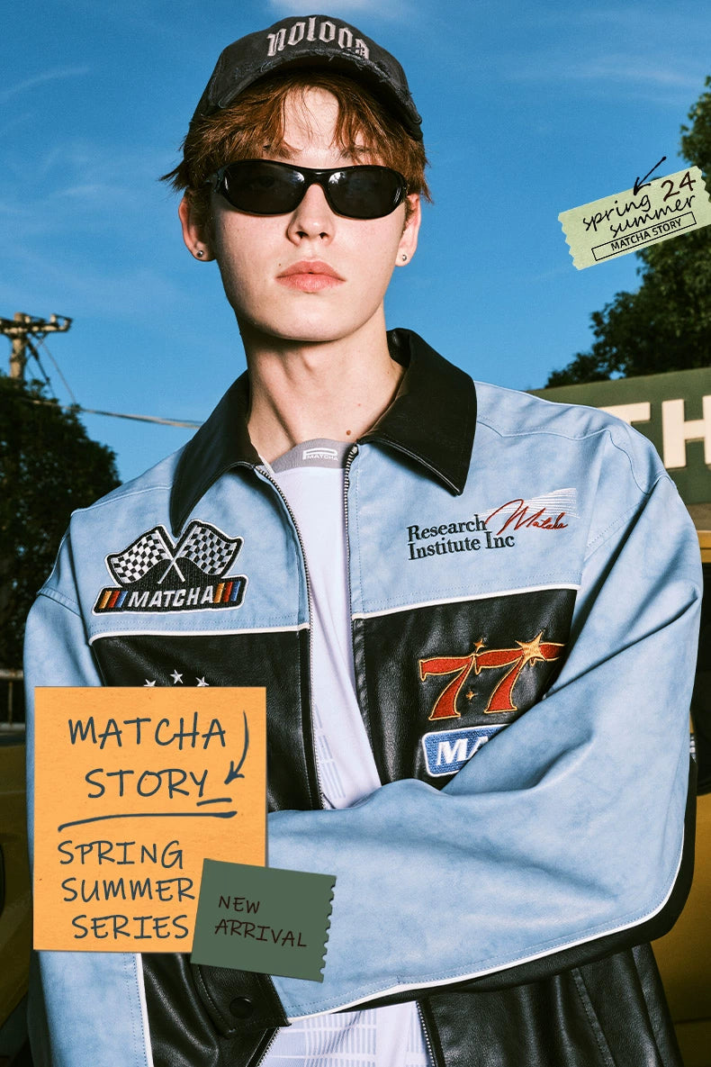 MATCHA STORY Locomotive Wind Embroidered Pu Leather Jacket