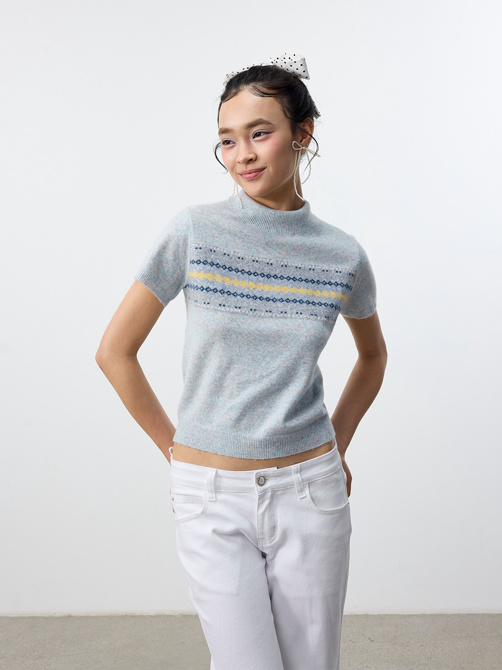 Set for life Lazy Sur fleece jacquard semi-turtleneck knitted short sleeves