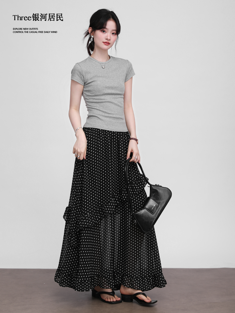 Three High Waist Thin Irregular Ruffle Edge Polka Dot Skirt