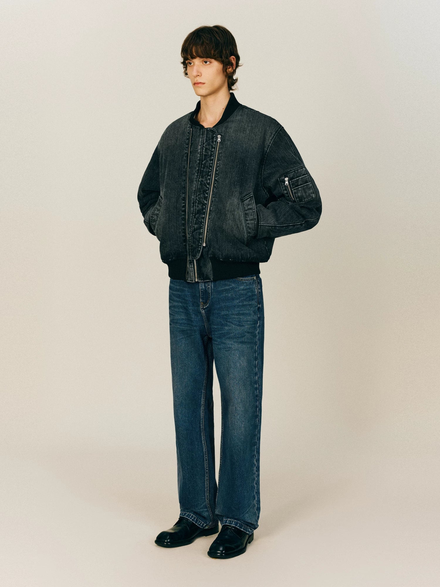 NONRADICAL Bamboo pattern scimitar sleeveMA1 padded denim jacket