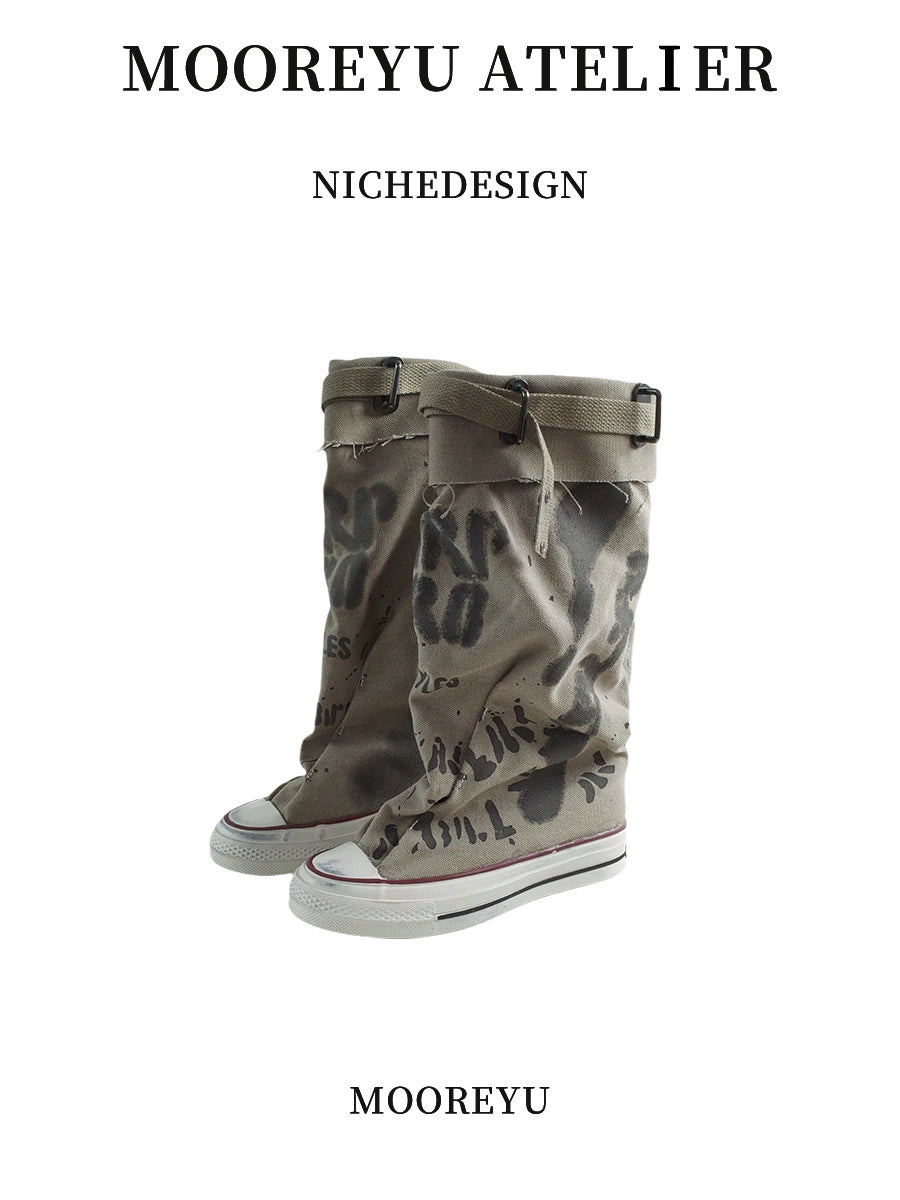 Mooreyu Belt Buckle Graffiti Pants Pile Boots