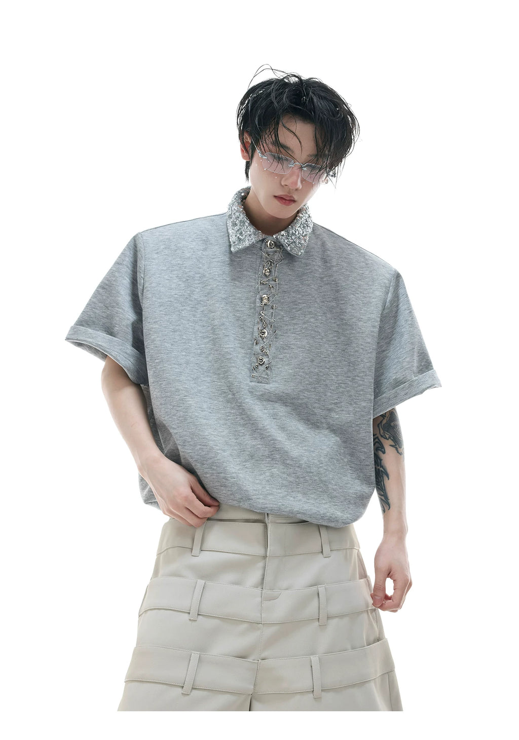 ArguECulturE Niche Sequined Square Neck Loose Polo Shirt Tee