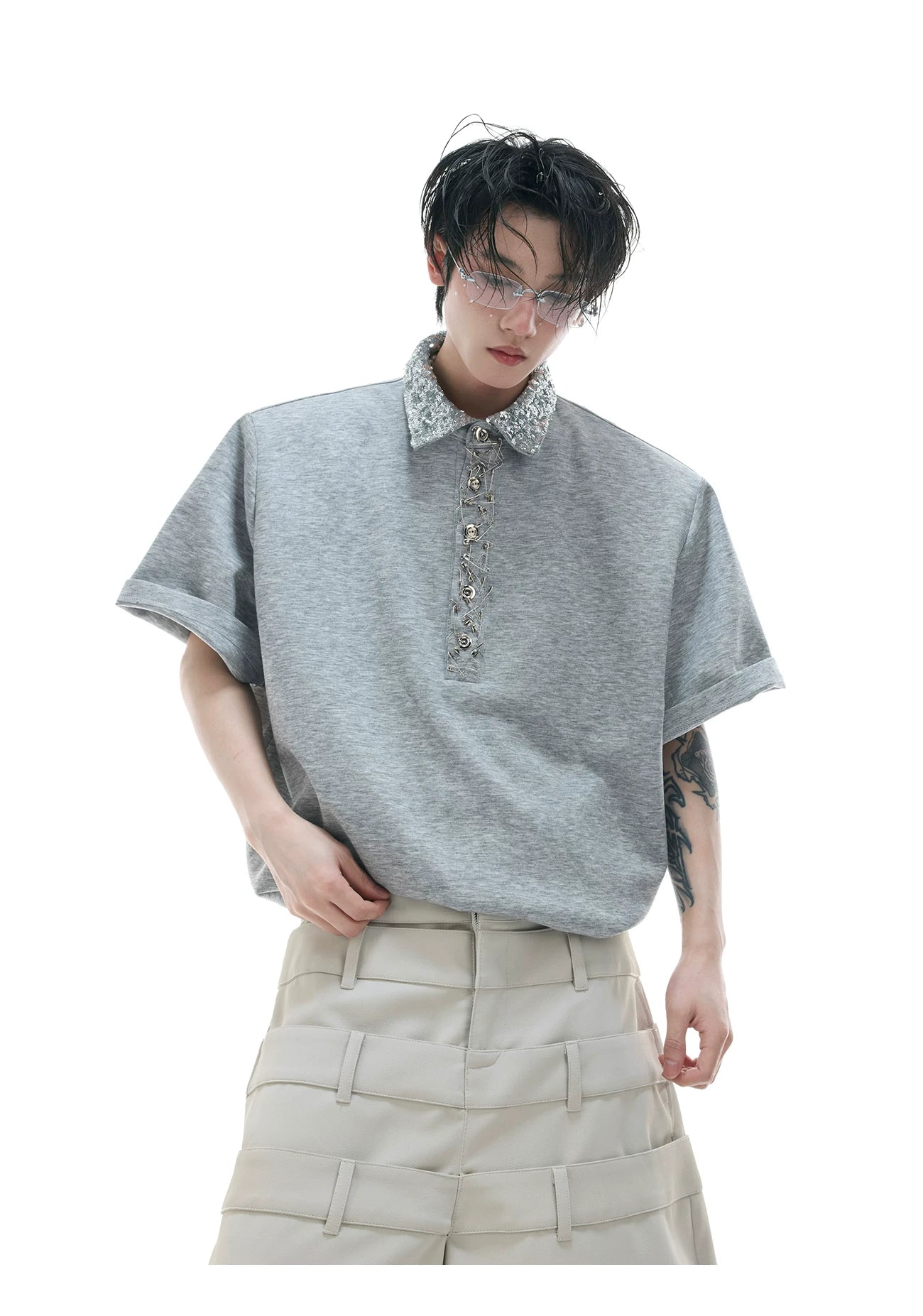 ArguECulturE Niche Sequined Square Neck Loose Polo Shirt Tee