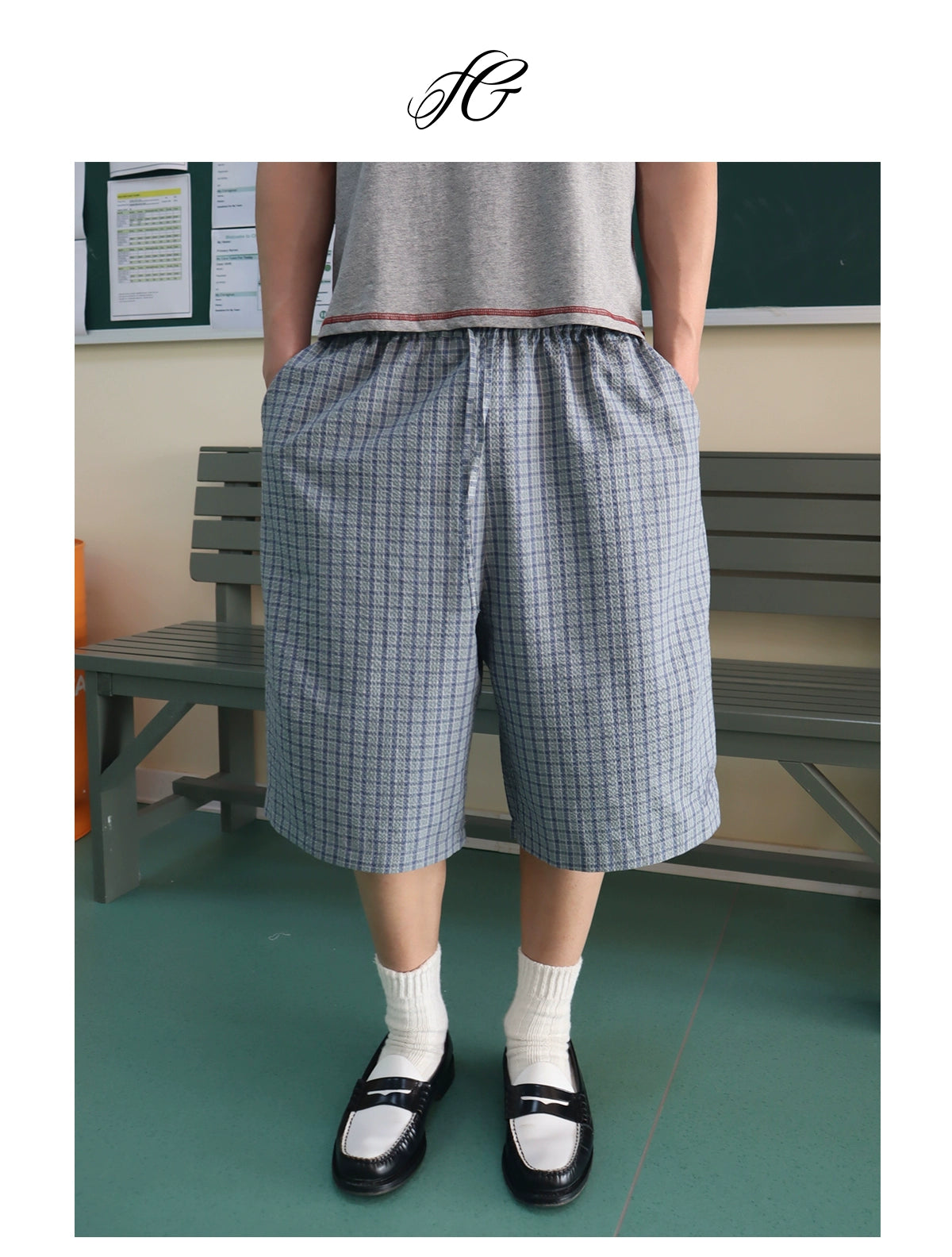 InsGale Loose Silhouette Seersucker Checked Cropped Pants