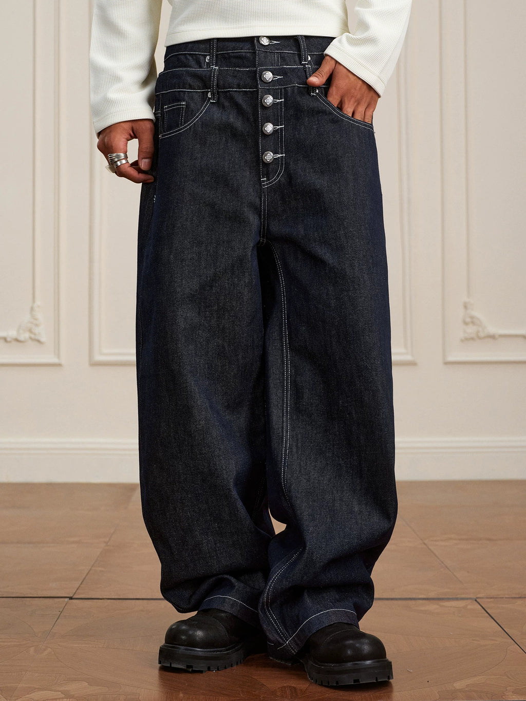 YADcrew Retro Vintage Black Wash Heavy Double Waist Micro Pull Jeans