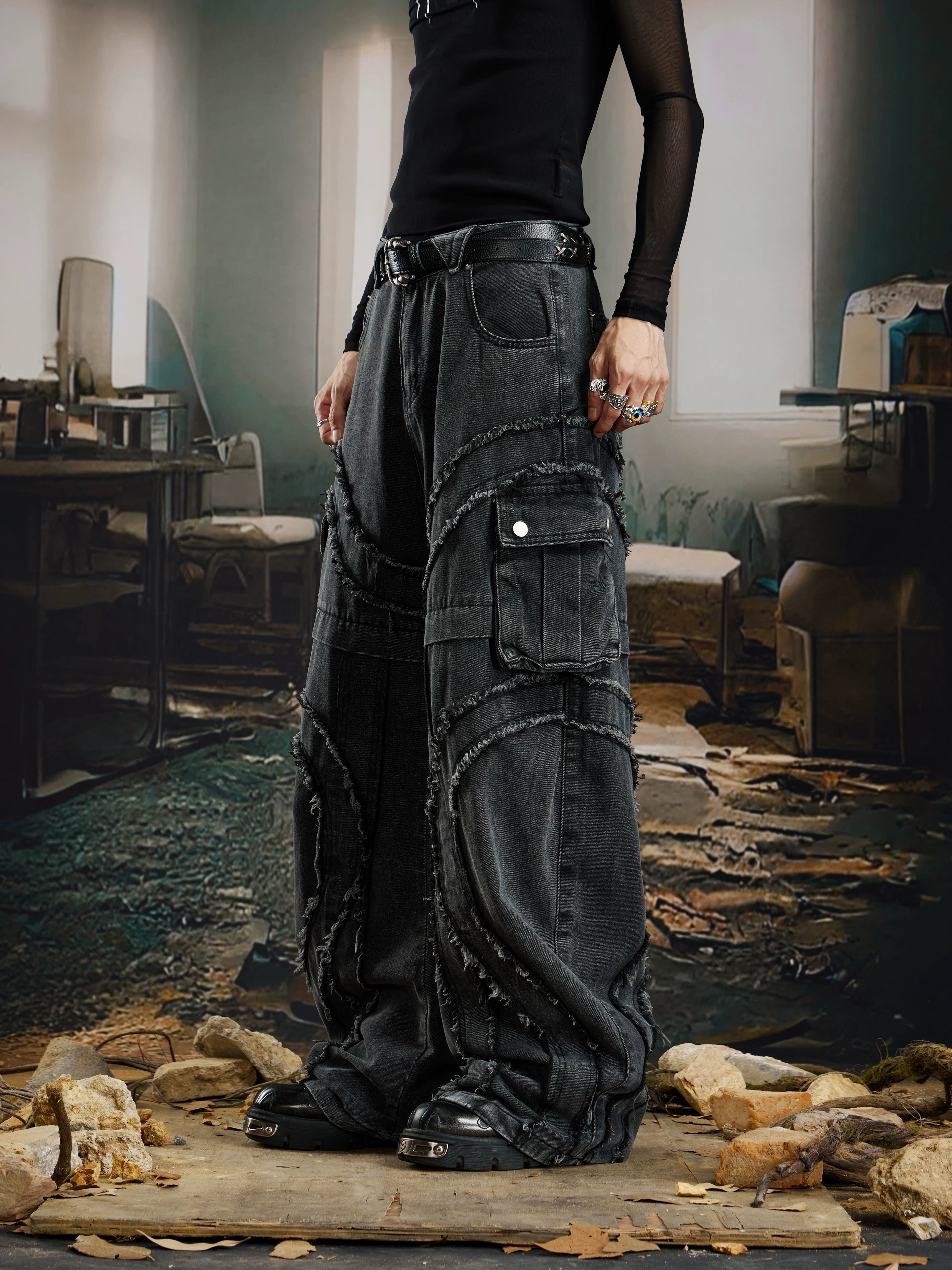 NOMANIAI Heavy Industries Raw Fringed Loose Straight Jeans