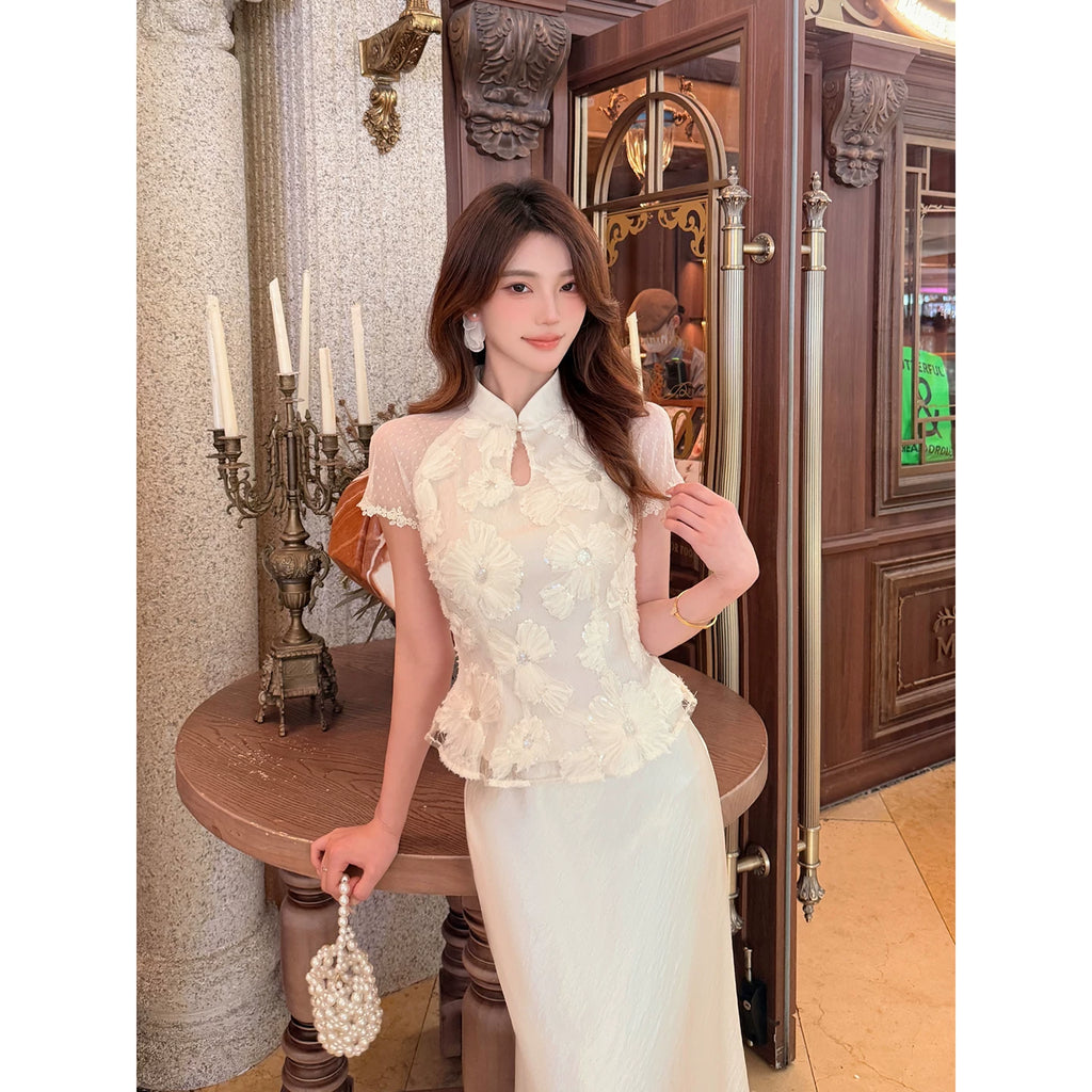 ZIHE Lace Three-dimensional Flower Top Satin Skirt Set