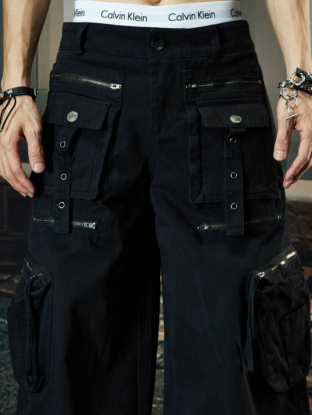 NOMANIAI Multi-pocket Streamer Zipper Splicing Layered Casual Pants
