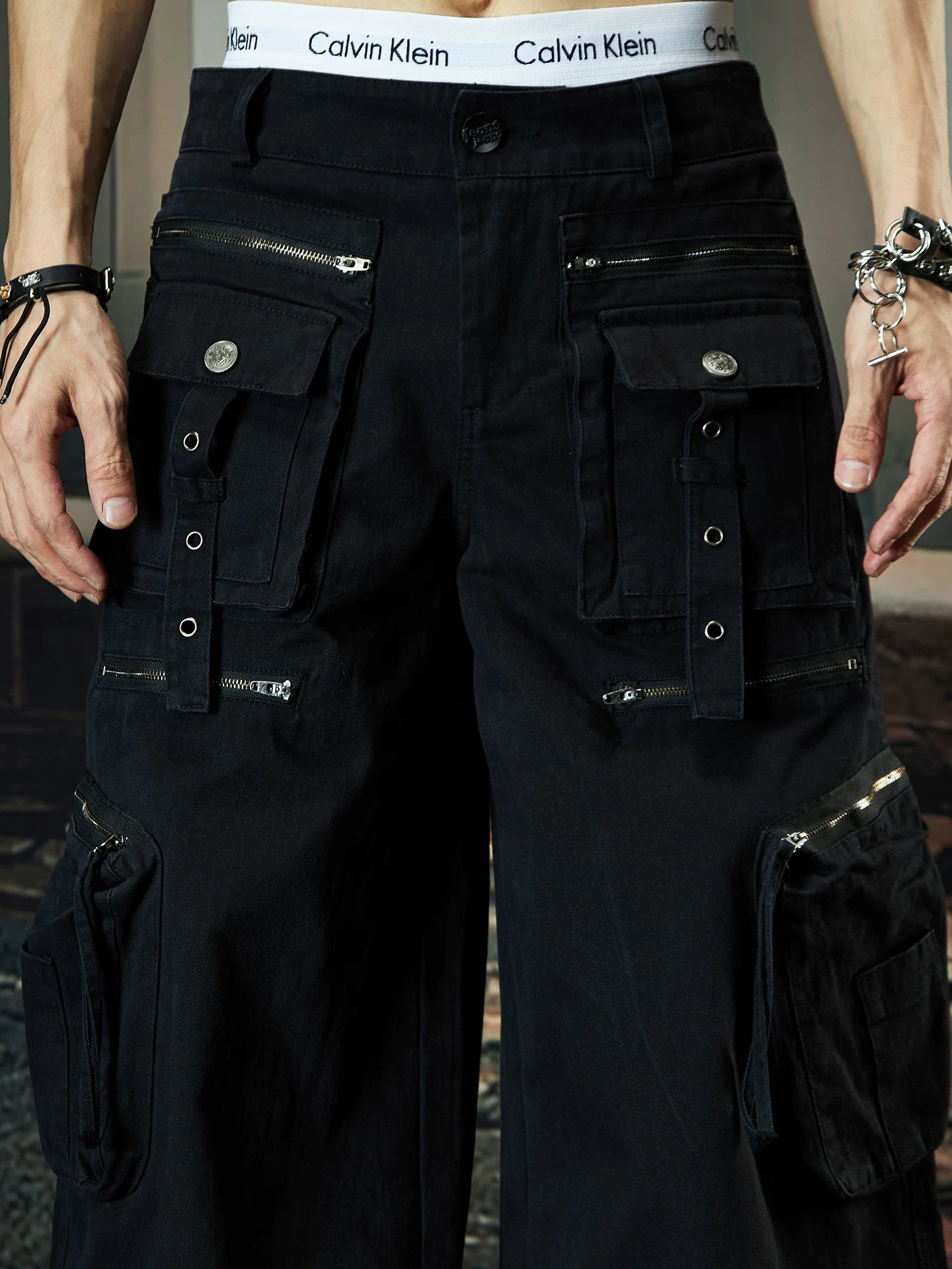 NOMANIAI Multi-pocket Streamer Zipper Splicing Layered Casual Pants