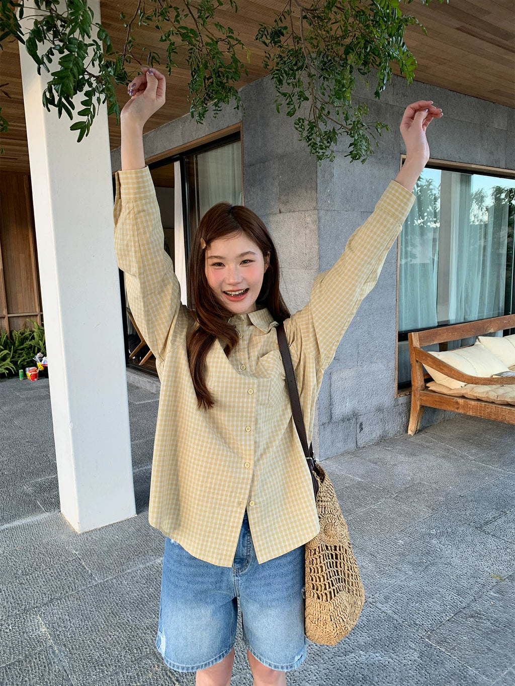 KANO Plaid Bag Long-sleeved Loose Shirt