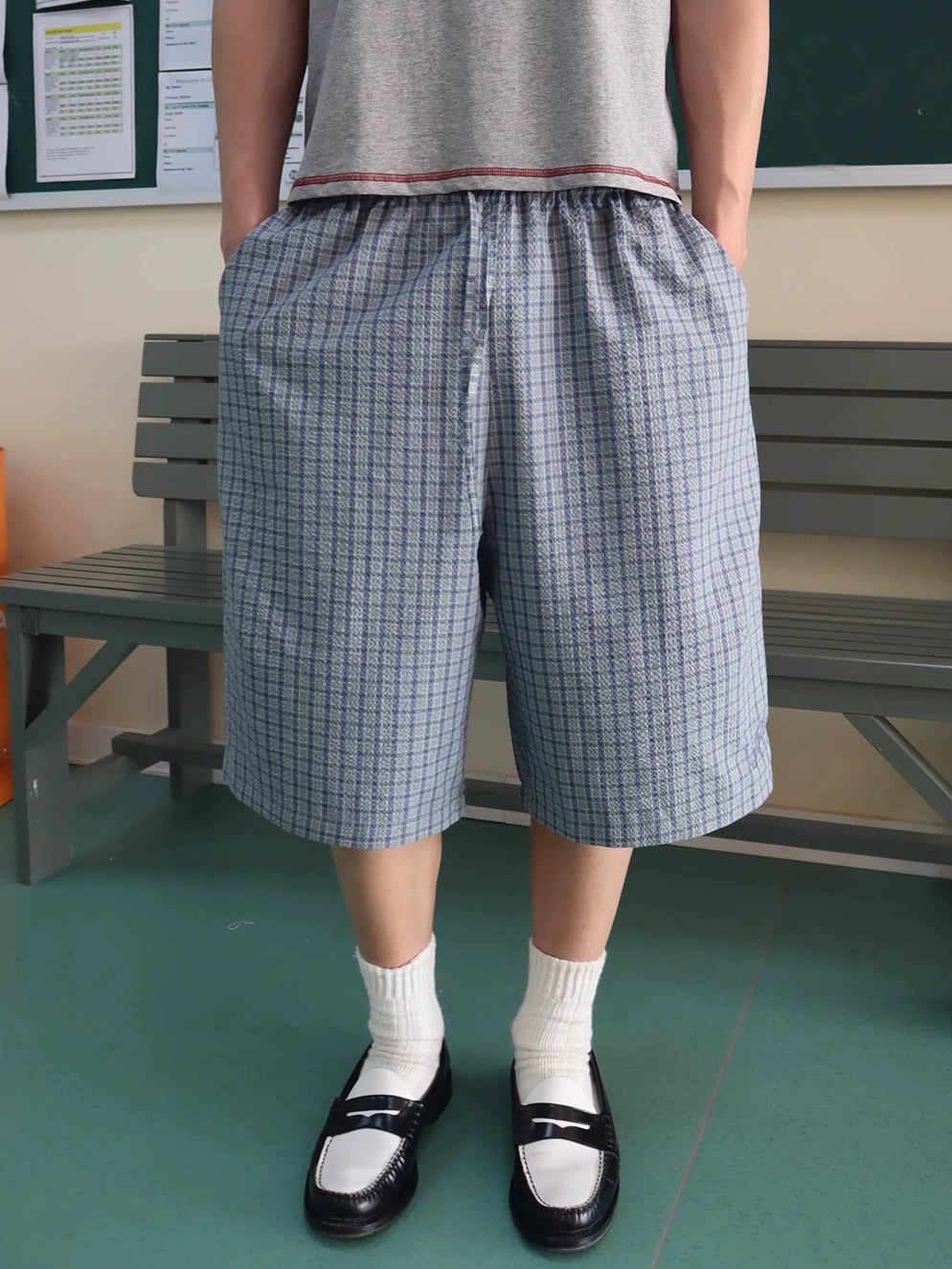 InsGale Loose Silhouette Seersucker Checked Cropped Pants