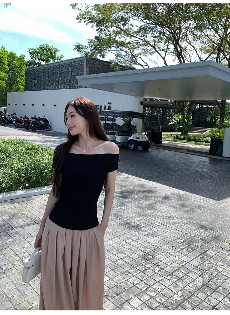 Pusumede Shoulder Slim Short Knitted tee