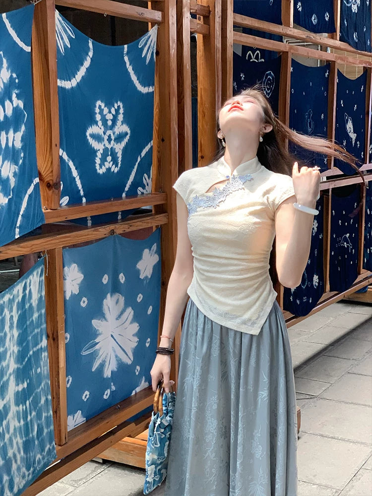 ZIHE Butterfly Jacquard Knitted Top Satin Skirt Set