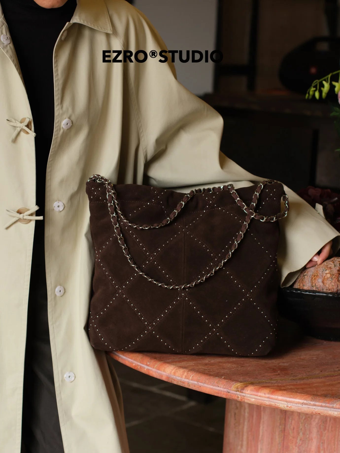 EZRO Rivet Matte Suede Shoulder Tote Bag