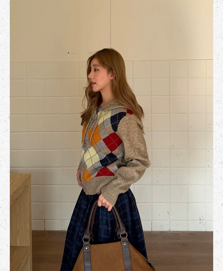 CCYE Vintage Rhombus Hooded Sweater Knitted Cardigan Jacket