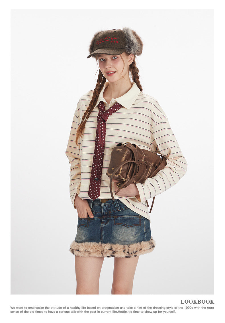 Nariele Hot Diamond Striped Loose Long Sleeve Polo Shirt
