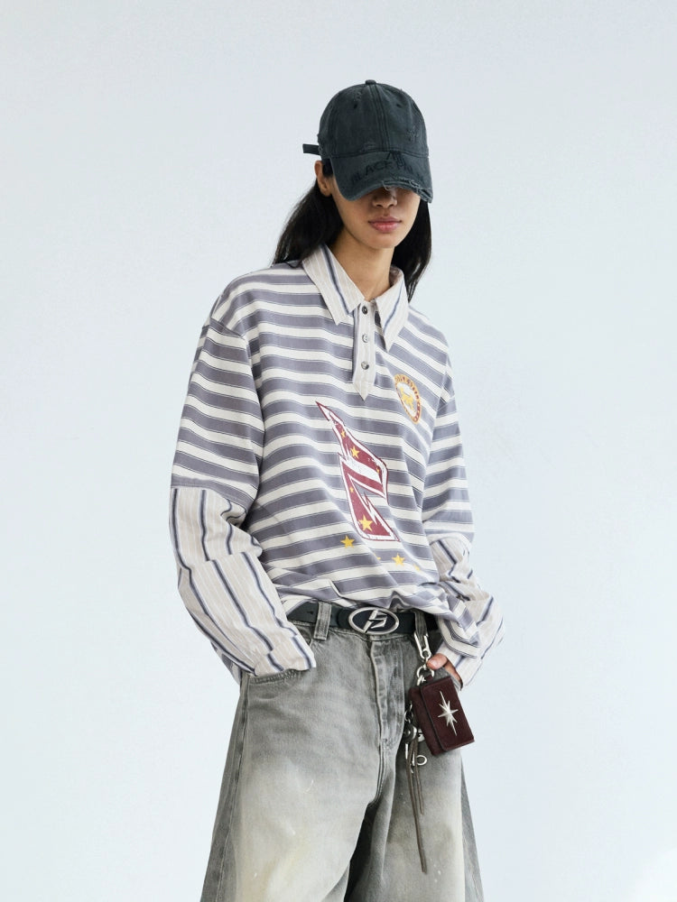 PEOPLESENSE Striped Fake Two-piece Splicing POLO Collar Long Sleeve