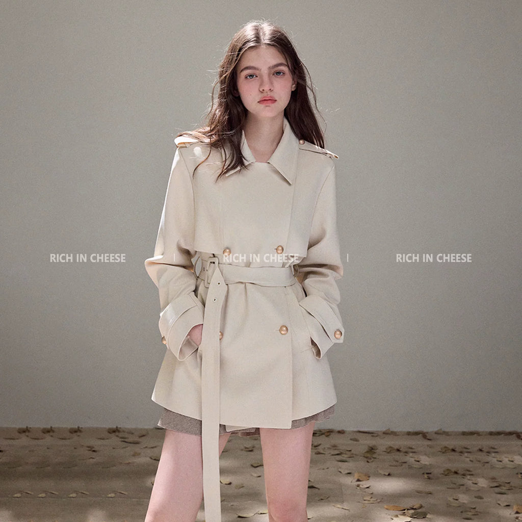 RICH IN CHEESE Lapel Double-breasted Waist Short Lace-up Trench Coat